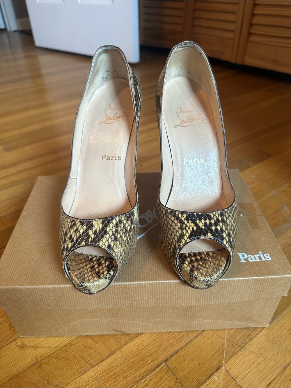 Christian Louboutin Python Peep-Toe Pumps in Brown and Cream